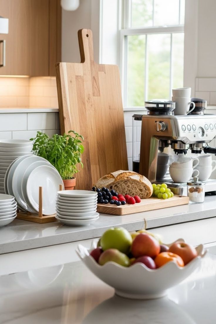 A tidy home kitchen counter with chopped vegetables, a wooden board and a ceramic bowl
